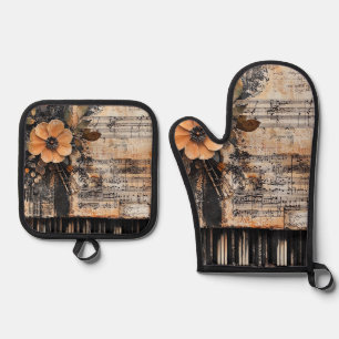 Set De Manoplas Floral con claves de piano rústicas y hoja de músi