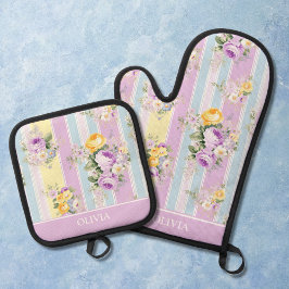 Set De Manoplas Floral de lavanda personalizada a rayas