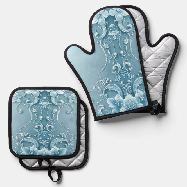 Set De Manoplas Floral Decorativo Azul (Anverso/Reverso)