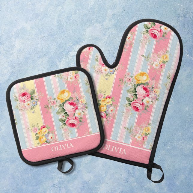 Set De Manoplas Floral Estampado Rosa Personalizado (Subido por el creador)