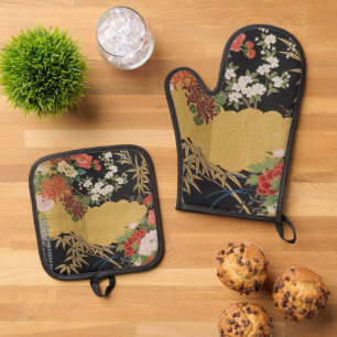 Set De Manoplas Floral japonesa de kimono de oro y negro oriental