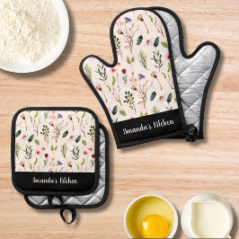 Set De Manoplas Floral Personalizado Brote de Verde Script Colorid