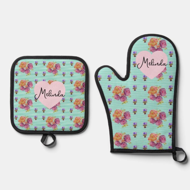 Set De Manoplas Floral Pink Rose Roses Pattern Aqua Womans Name (Anverso)