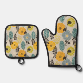 Set De Manoplas Floral retro moderna sobre gris