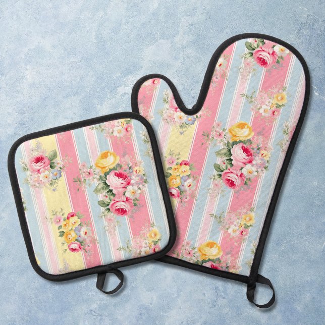 Set De Manoplas Floral Rosa a Rayas (Subido por el creador)
