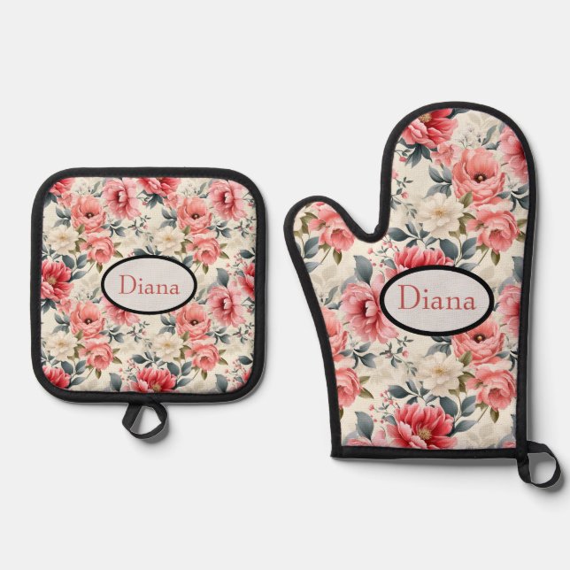 Set De Manoplas Floral Rosa Vintage  (Anverso)