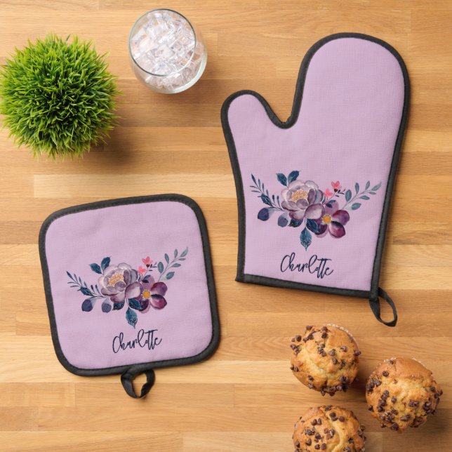 Set De Manoplas Floral Script Purple Bloom Personalizado (De arriba hacia abajo)
