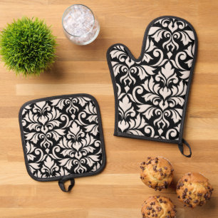 Set De Manoplas Florecer arte Damask que yo crema en negro