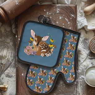 Set De Manoplas Florecillas Lindas Ciervo Azul Cierva Bebé Bosque