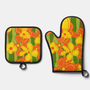 Set De Manoplas Flores amarillas retro Naranja de los años 1970