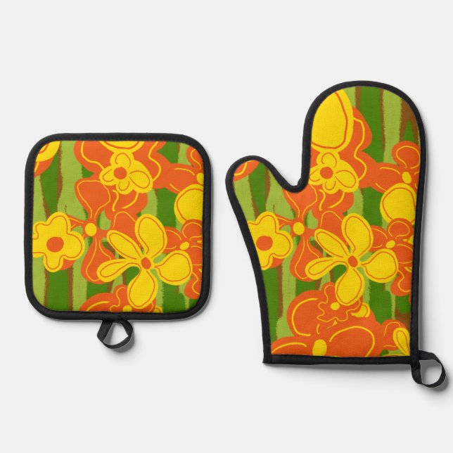 Set De Manoplas Flores amarillas retro Naranja de los años 1970 (Anverso)