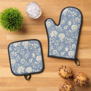Set De Manoplas Flores Azules Crema Románticas Lindas