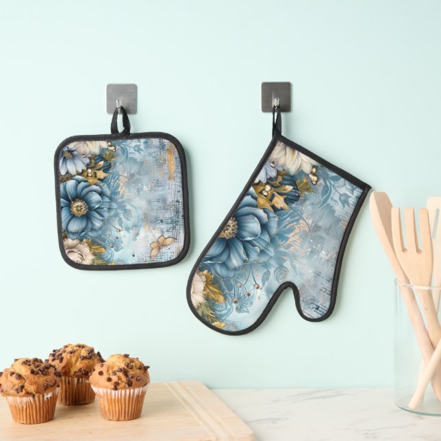 Set De Manoplas Flores Azules Elegantes (Insitu (colgante))
