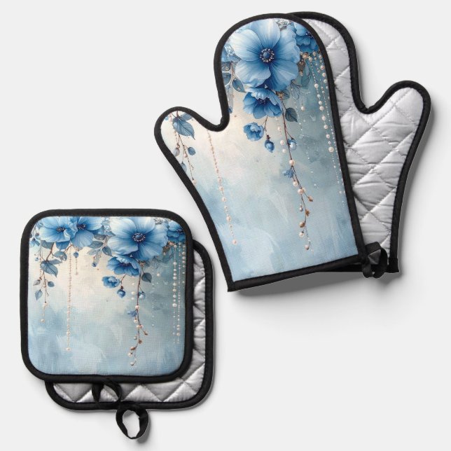 Set De Manoplas Flores Azules y Perlas (Anverso/Reverso)