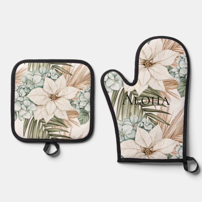 Set De Manoplas Flores Blancas Azules Tropicales   (Anverso)