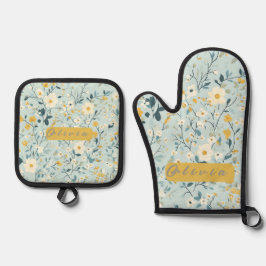 Set De Manoplas Flores blancas azules y verdes vibrantes