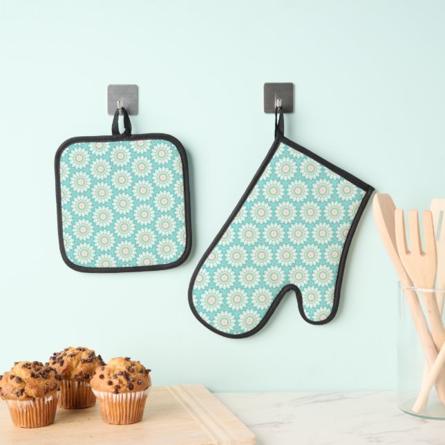 Set De Manoplas Flores con fondo turquesa (Insitu (colgante))