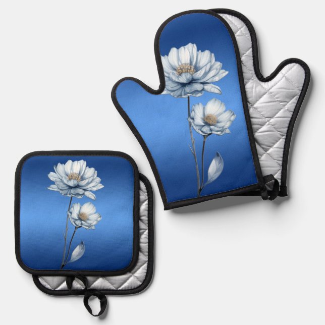 Set De Manoplas Flores de Acuarela Azules (Anverso/Reverso)