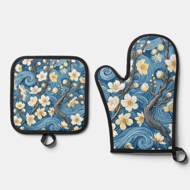 Set De Manoplas Flores de almendro al estilo de Van Gogh (Anverso)