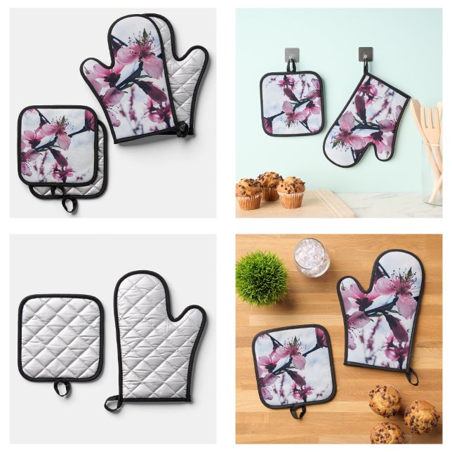 Set De Manoplas Flores de Cerezo (Cherry Blossom Flowers Oven Mitt & Pot Holder Set
)
