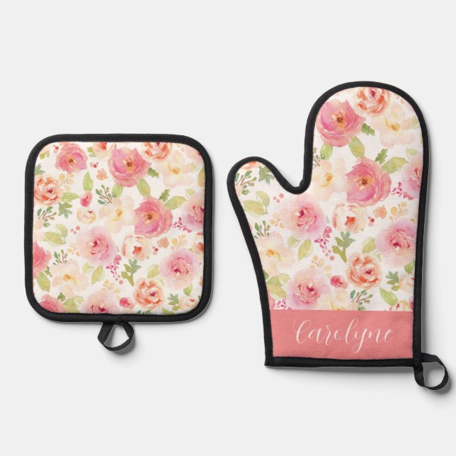 Set De Manoplas Flores de color de agua rosa y rosa personalizadas (Anverso)