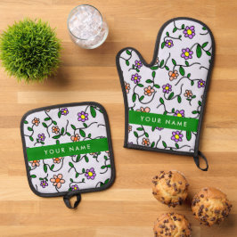 Set De Manoplas Flores de colores, fondo azul, verde