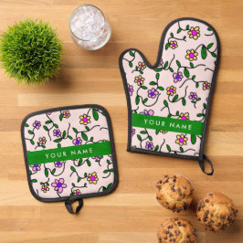 Set De Manoplas Flores de colores, fondo rosado, verde