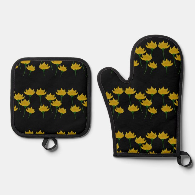 Set De Manoplas Flores de crisantemo amarillo en negro (Anverso)