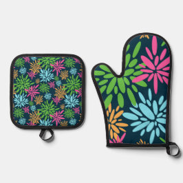 Set De Manoplas Flores de fuegos artificiales coloridas abstractas