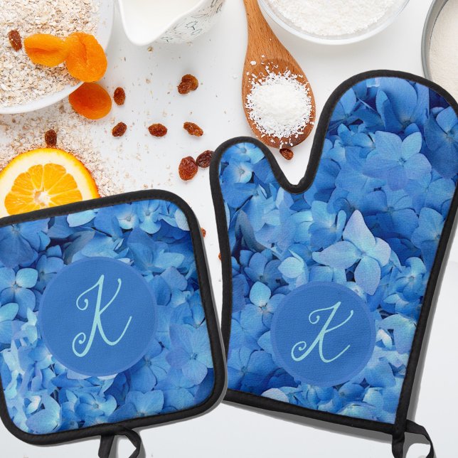 Set De Manoplas Flores de Hortensia Azul Monograma (Subido por el creador)