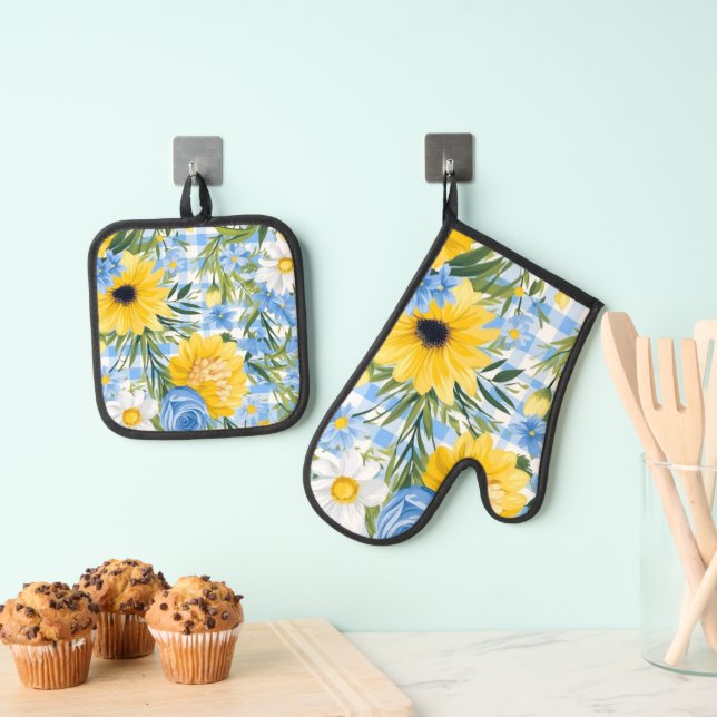 SET DE MANOPLAS FLORES DE PRIMAVERA AMARILLA AZUL BRILLANTE (Insitu (colgante))