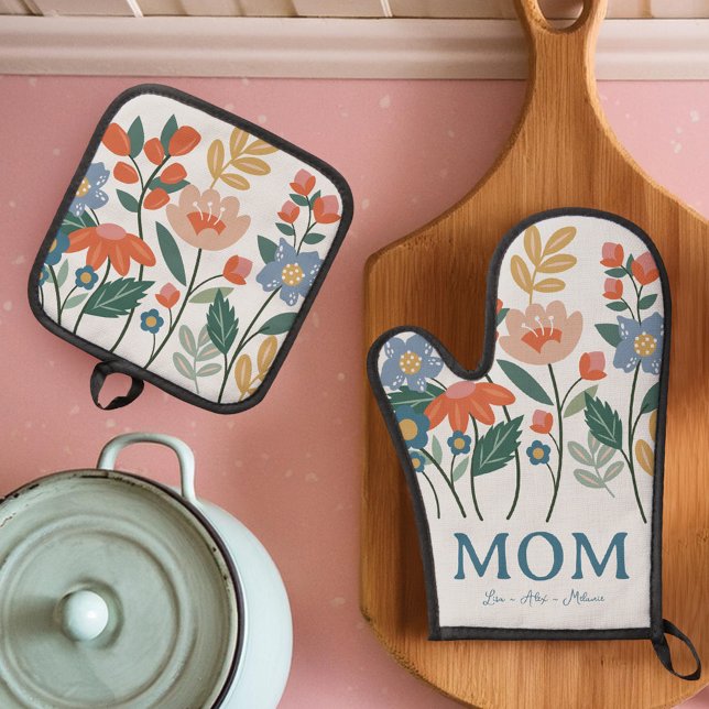Set De Manoplas Flores Florales Elegantes De Mamá Personalizadas (Elegant Mom Floral Flowers Personalized Oven Mitt & Pot Holder Set)