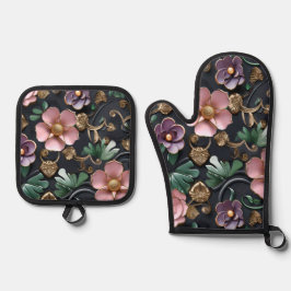 Set De Manoplas Flores intrincadas en negro