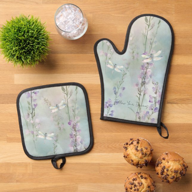 Set De Manoplas Flores Lilas Bonitas Románticas Libélulas (De arriba hacia abajo)