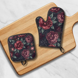 Set De Manoplas Flores Malhumoradas Patrón Acuarela Rojo Oscuro