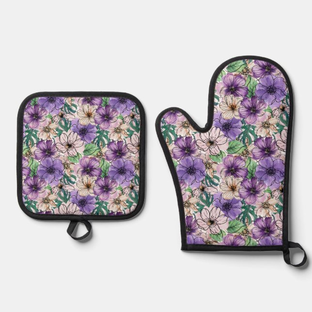 Set De Manoplas Flores moradas y rosas (Anverso)