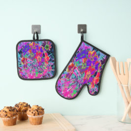 Set De Manoplas Flores Psicodélicas Coloridas Rojas y Purpúreas