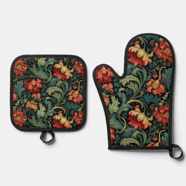 Set De Manoplas Flores Rojas William Morris  (Anverso)