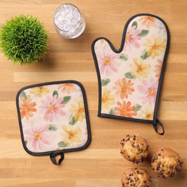 Set De Manoplas Flores Rosa Amarillo Azul Melocotón  (De arriba hacia abajo)