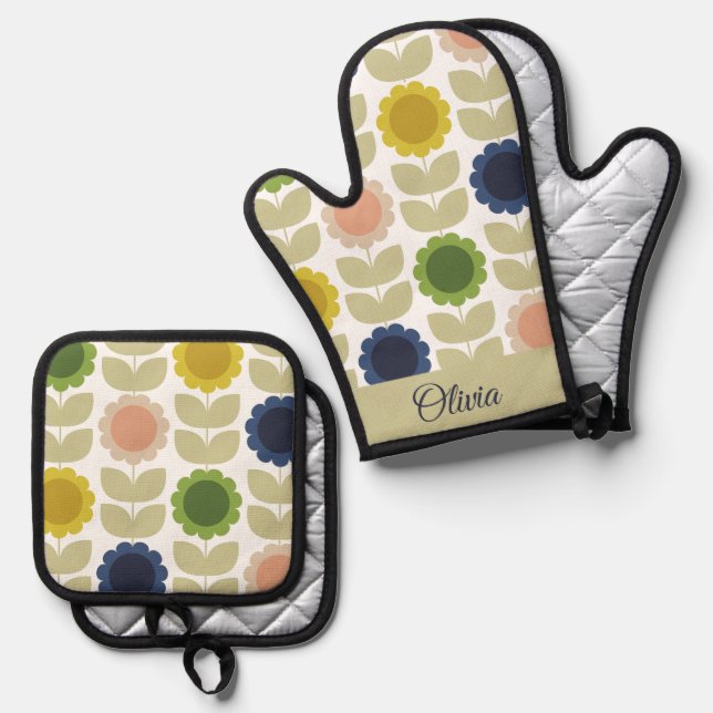 Set De Manoplas Flores Tallos de Verano Retro Groovy (Anverso/Reverso)