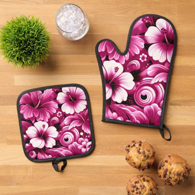 Set De Manoplas Flores tropicales hawaianas Patrón rosa Hibiscus (De arriba hacia abajo)