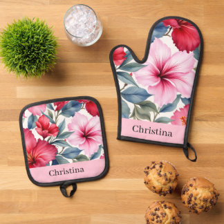 Set De Manoplas Flores tropicales rosadas rojas