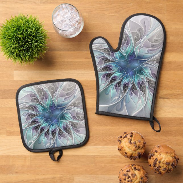 Set De Manoplas Flourish Abstract Modern Fractal Flower With Blue (De arriba hacia abajo)