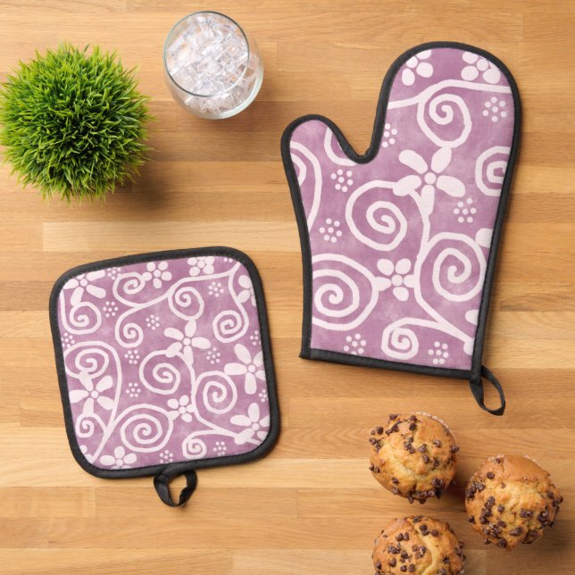 Set De Manoplas Flowers Swirls Dusty Pink White Pattern Whimsical (De arriba hacia abajo)