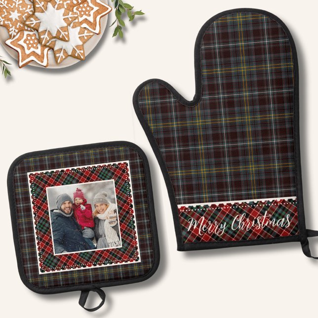 Set De Manoplas Foto Rustic Plaid Merry Christmas (Rustic Plaid Merry Christmas Photo Oven Mitt & Pot Holder Set)