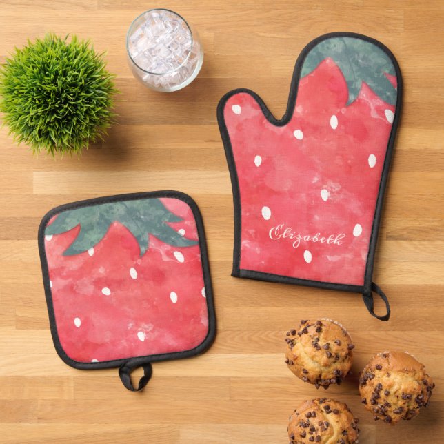 Set De Manoplas Fresa de acuarela linda   (De arriba hacia abajo)