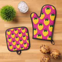Set De Manoplas Fresas de verano amarillas en rosa caliente