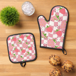 Set De Manoplas Fresas Geniales Diseño a Cuadros Rosa Cocina