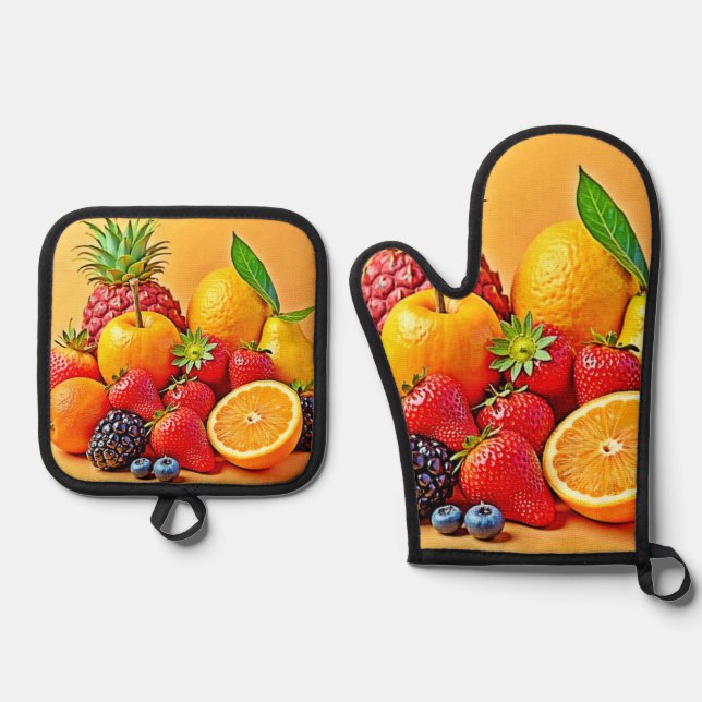 Set De Manoplas Fresh Bounty: Vibrant Fruit Harvest Design  (Anverso)