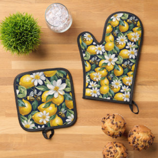 Set De Manoplas Fresh Yellow Lemons With Busy Bees & White Blooms